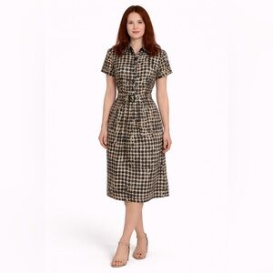 Adrianna Papell Polka Dot Belted Midi Dress Retro Inspired Neutral Tones
